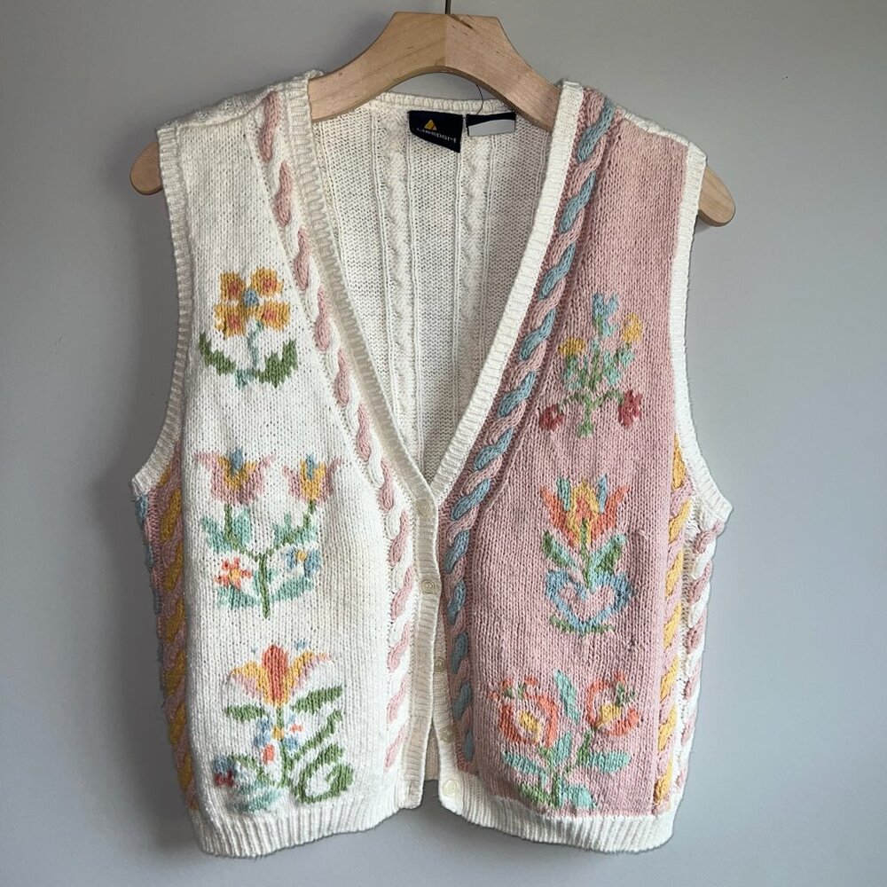 Vintage LizSport Liz Claiborne Knit Floral Pastel Sweater Vest Size Small